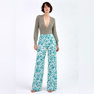 Women’s Medium White Blue Floral Wide Leg Pants High Rise Retro Boho Trousers